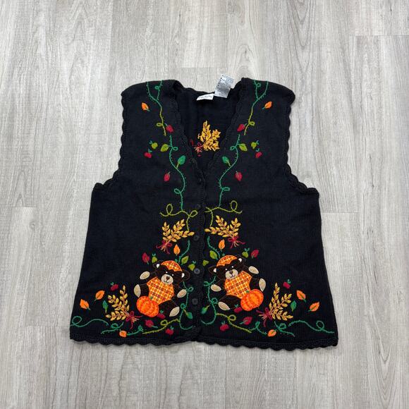 Vintage Halloween Knit Sweater Vest Size 14W/16W Black Teddy Bear Pumpkin 90s - Picture 1 of 6